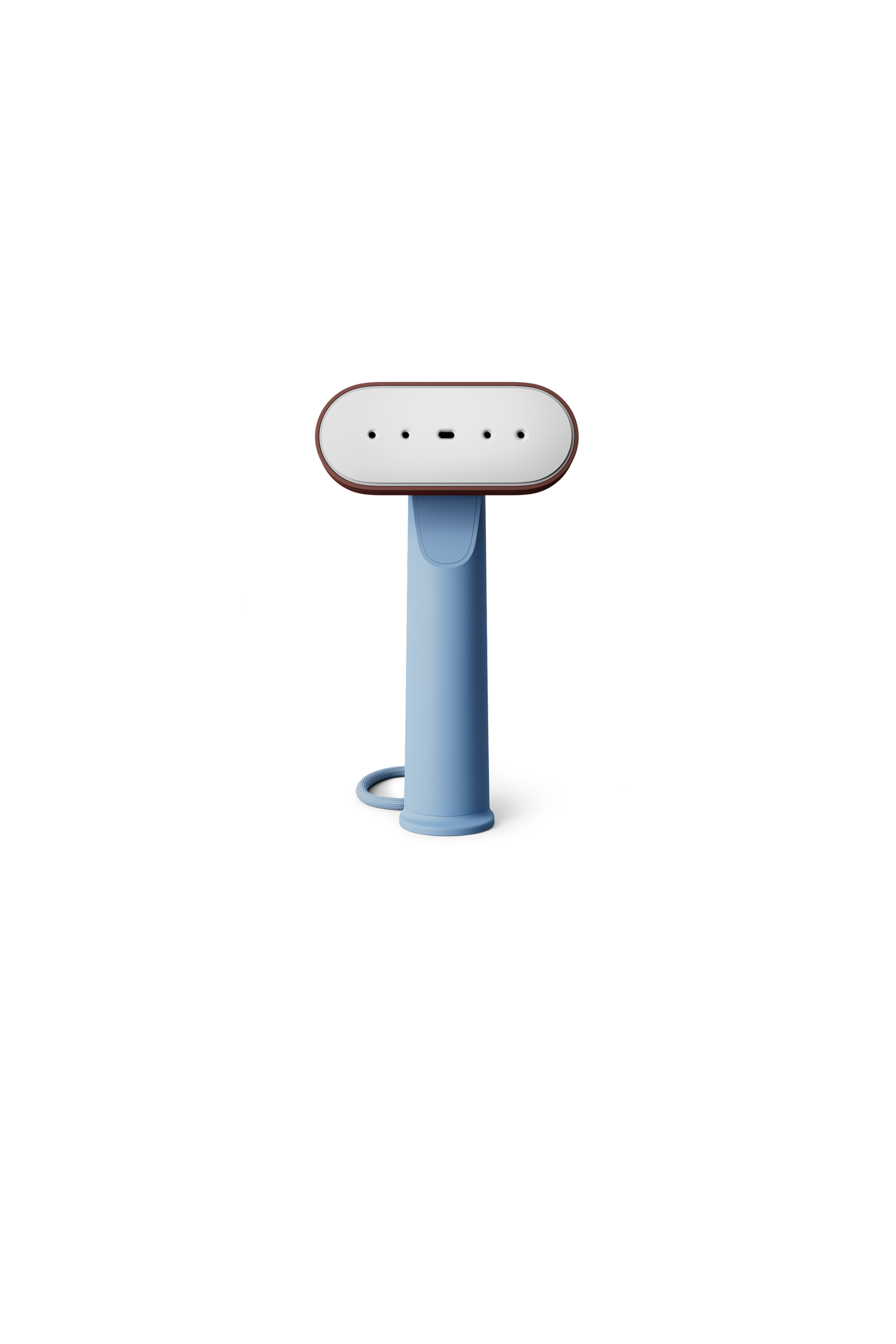 Blue handheld steamer on a white background
