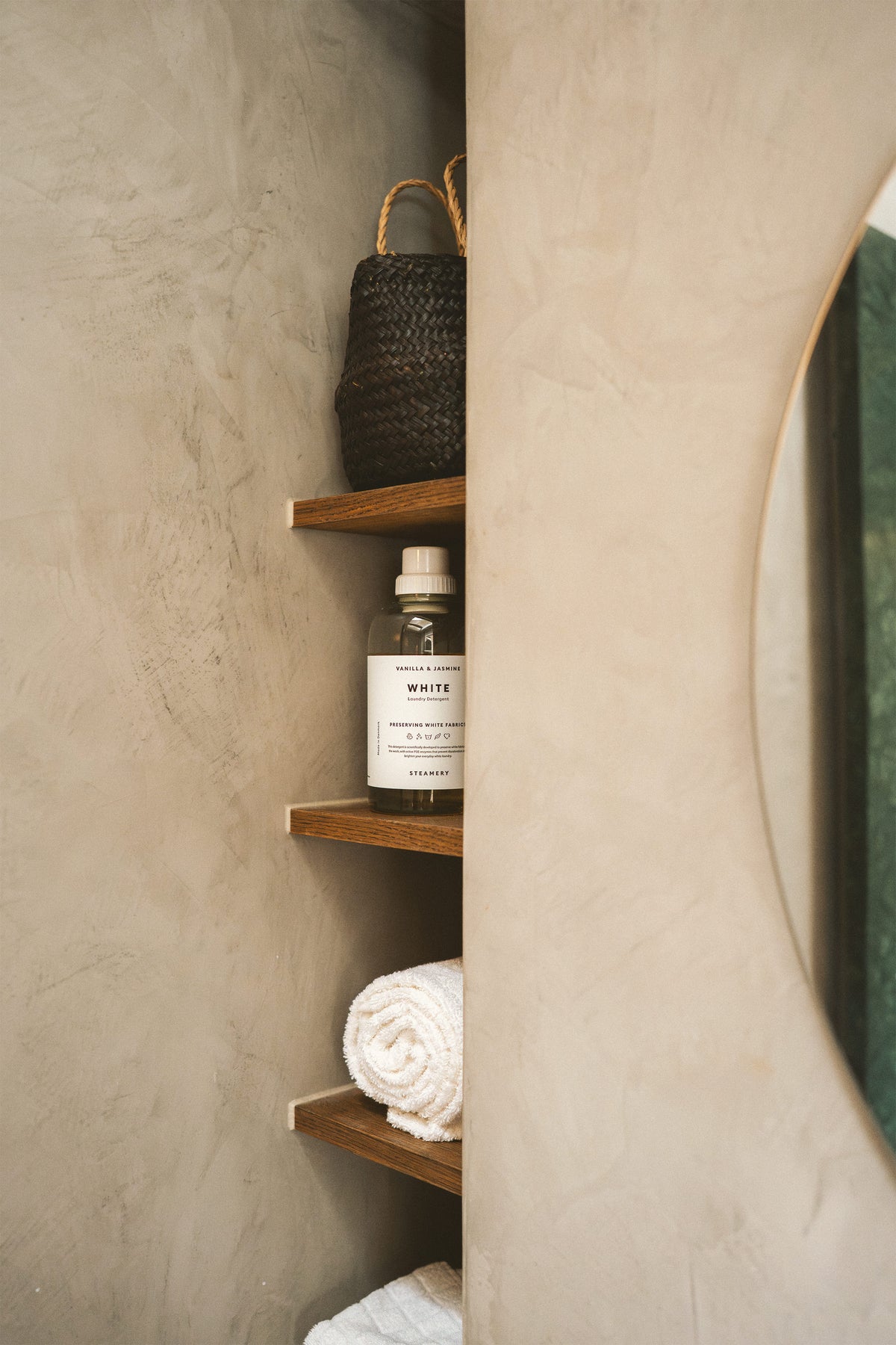 detergent on bathroom shelf