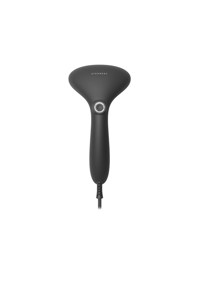 Blue handheld steamer on a white background