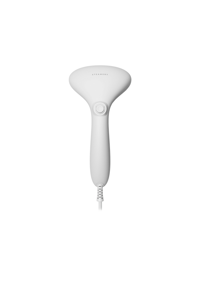 grey handheld steamer on a white background