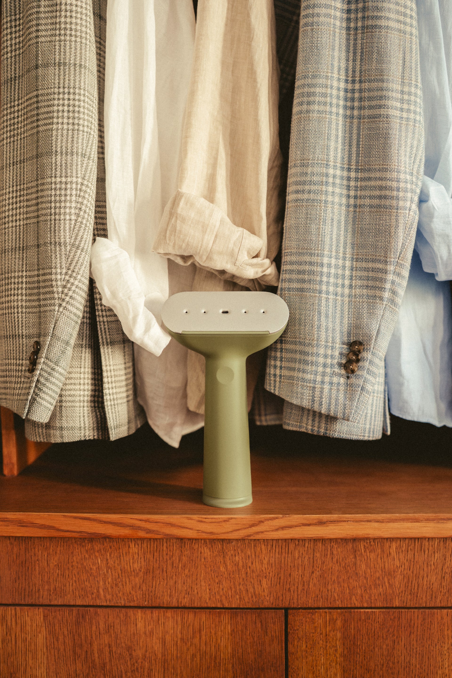 Green steamer in a wardrobe