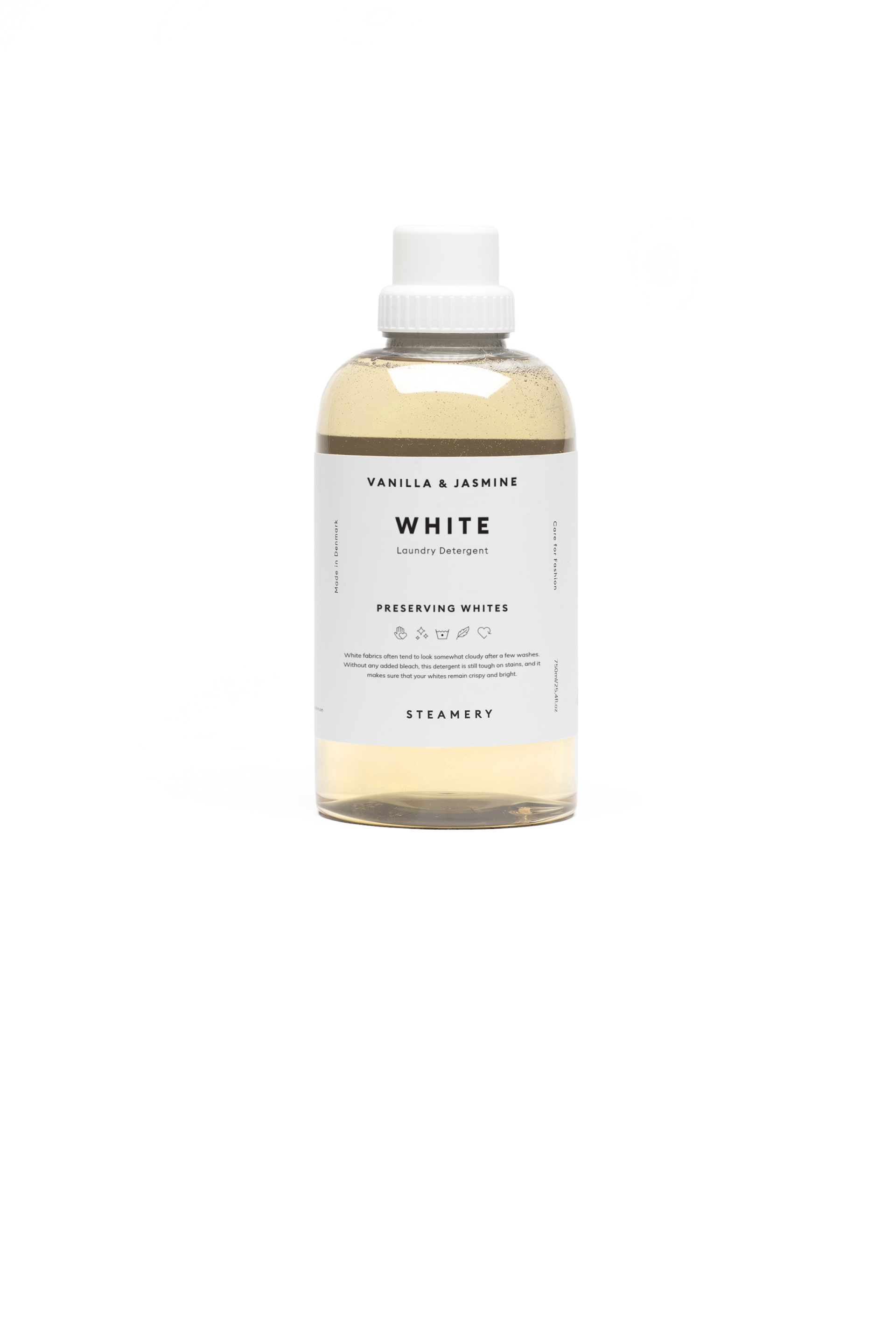 Bottle of 'White' laundry detergent with white label on a white background