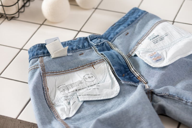 A pair of jeans turned inside-out